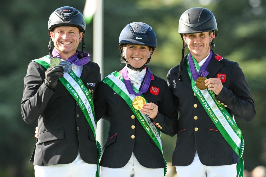 Laura Collett (GBR) and Londdon 52 Winners of the gold medal, Tom McEwen (GBR) and JL Dublin (3rd) and Michael Jung (GER) riding fischerChipmunk FRH (2nd) at the Agria FEI Eventing European Championship, Blenheim Palace. Held in the grounds of Blenheim Palace near Woodstock in Oxfordshire in the UK between 18th - 21st September 2025
