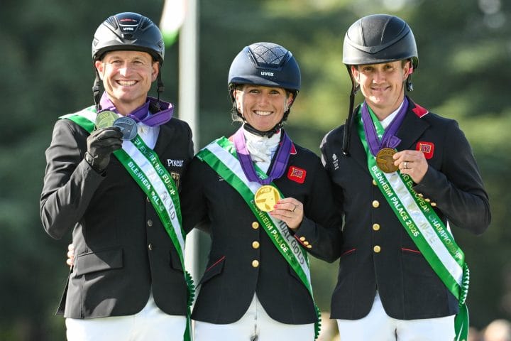 Laura Collett (GBR) and Londdon 52 Winners of the gold medal, Tom McEwen (GBR) and JL Dublin (3rd) and Michael Jung (GER) riding fischerChipmunk FRH (2nd) at the Agria FEI Eventing European Championship, Blenheim Palace. Held in the grounds of Blenheim Palace near Woodstock in Oxfordshire in the UK between 18th - 21st September 2025