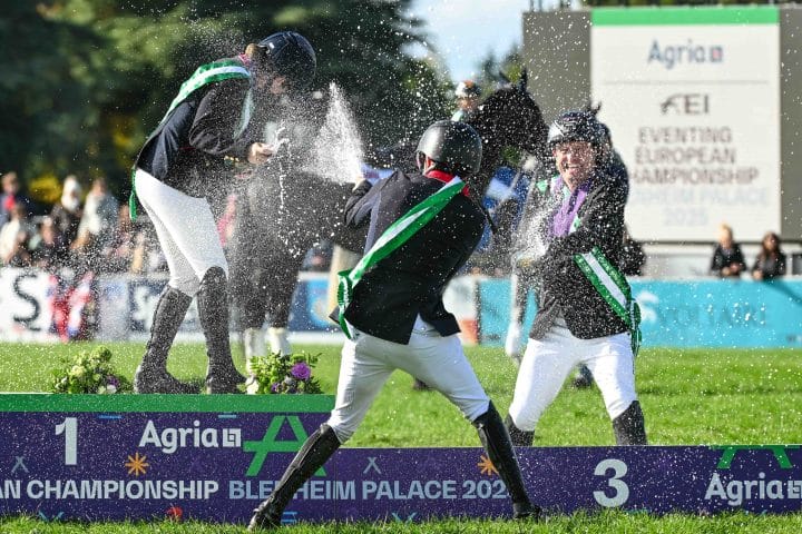 Laura Collett (GBR) and Londdon 52 Winners of the gold medal, Tom McEwen (GBR) and JL Dublin (3rd) and Michael Jung (GER) riding fischerChipmunk FRH (2nd) at the Agria FEI Eventing European Championship, Blenheim Palace. Held in the grounds of Blenheim Palace near Woodstock in Oxfordshire in the UK between 18th - 21st September 2025