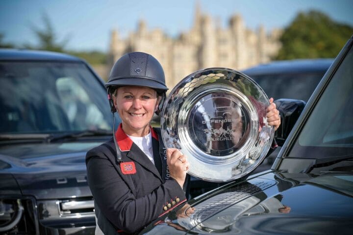 Gemma Stevens with the Defender Burghley Trophy which you won with CHILLI KNIGHT